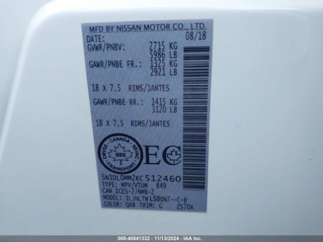 5N1DL0MM2KC512460 Infiniti Qx60 Luxe/pure