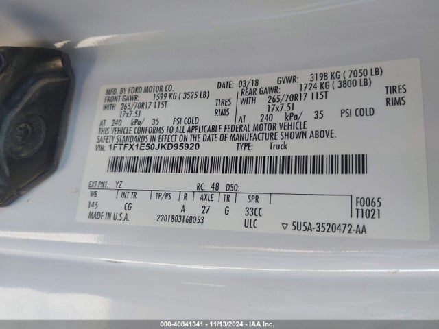 Ford F-150 Xl 2018 1FTFX1E50JKD95920 Image 9