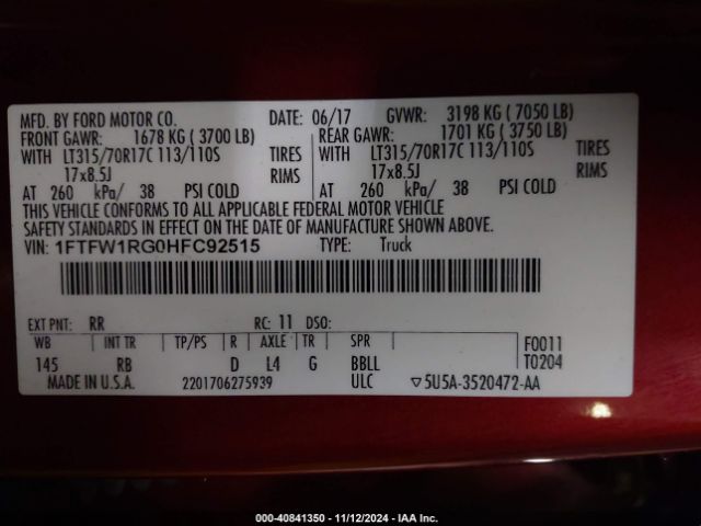 1FTFW1RG0HFC92515 Ford F-150 Raptor