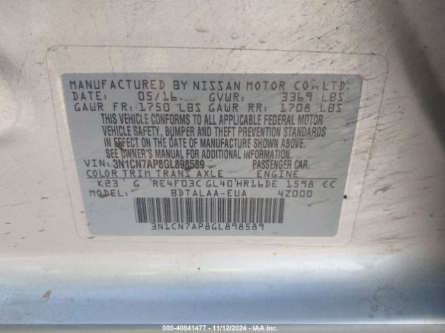 3N1CN7AP8GL898589 Nissan Versa 1.6 S