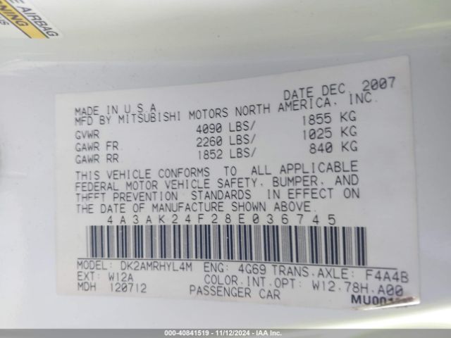 2008 MITSUBISHI ECLIPSE 4A3AK24F28E036745 Photo 8