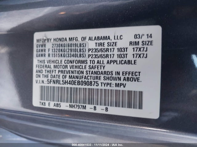 Honda ODYSSEY EX 2014 5FNRL5H40EB090875 Image 9