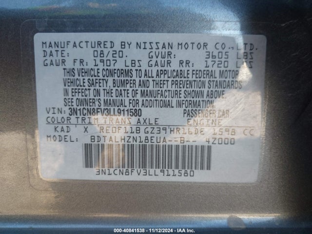 Nissan Versa Sr Xtronic Cvt 2020 3N1CN8FV3LL911580 Image 9