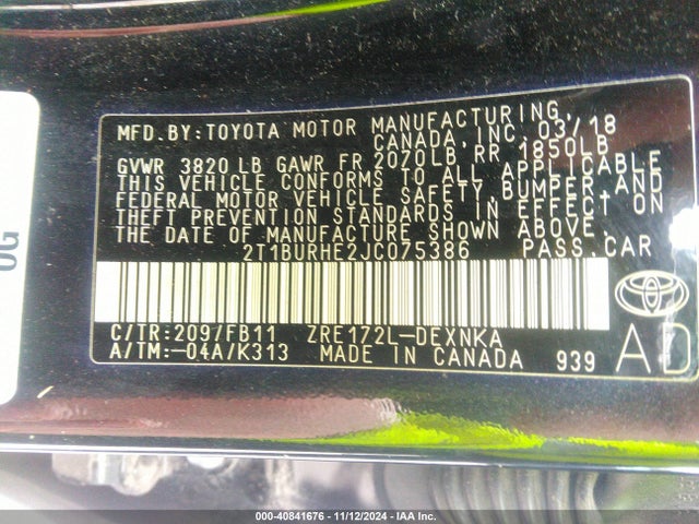 Toyota COROLLA LE 2018 2T1BURHE2JC075386 Image 9