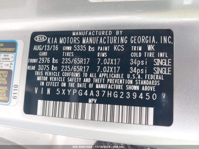 5XYPG4A37HG239450 KIA Sorento 2.4l Lx