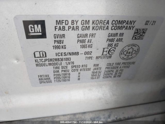 KL7CJPSM2MB361093 Chevrolet Trax Awd Lt