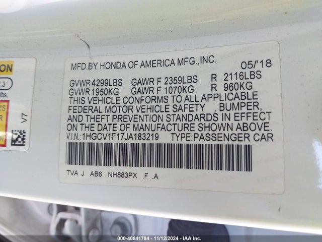 Honda ACCORD LX 2018 1HGCV1F17JA183219 Image 9