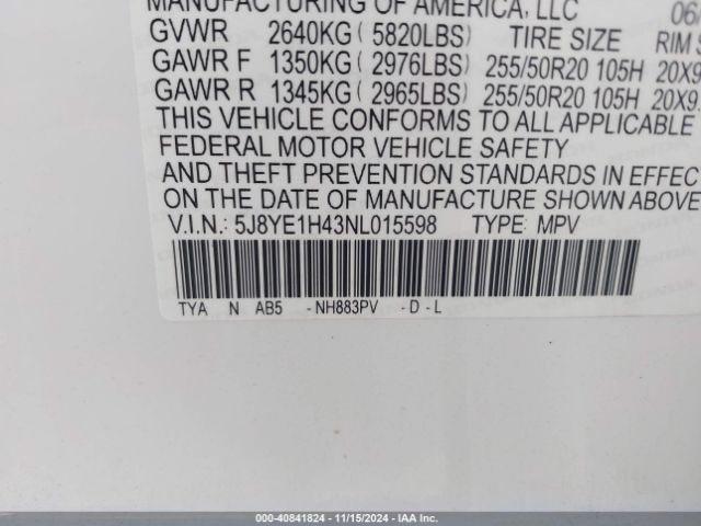 5J8YE1H43NL015598 Acura Mdx Technology Package