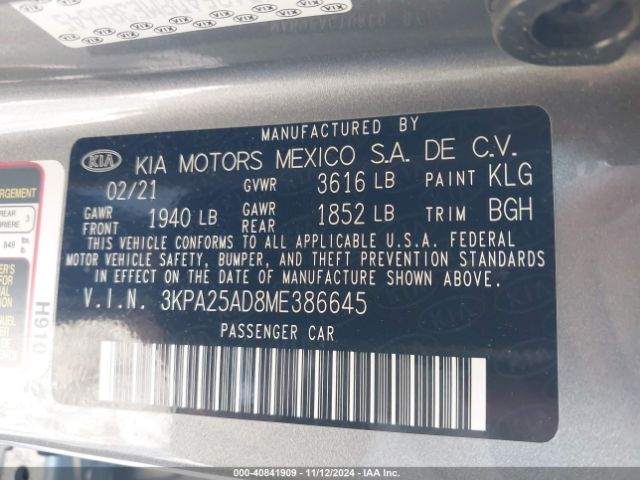 3KPA25AD8ME386645 KIA Rio 5-door S