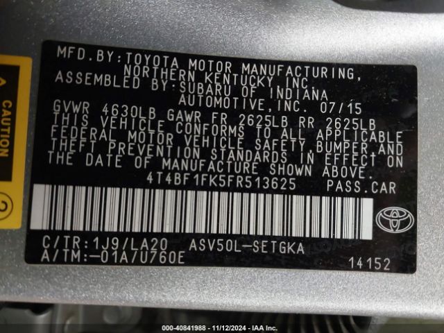 4T4BF1FK5FR513625 Toyota CAMRY XLE