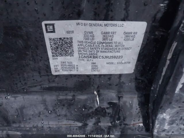 1GNSKBKC5JR259223 Chevrolet Tahoe Lt