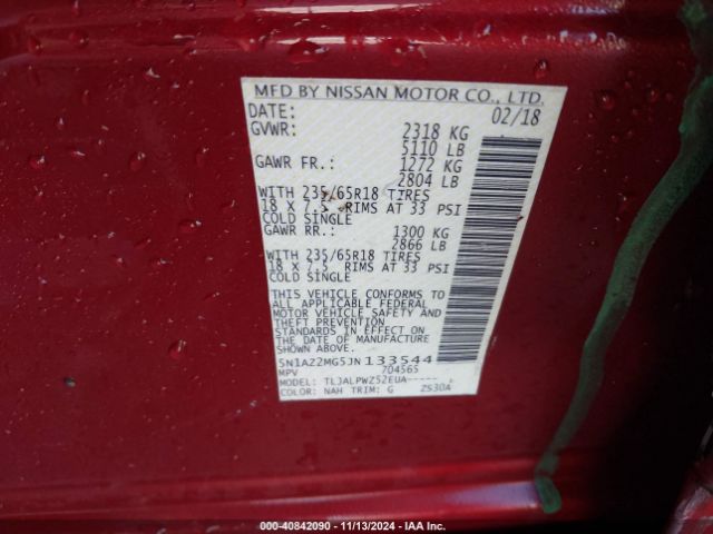 5N1AZ2MG5JN133544 Nissan MURANO S