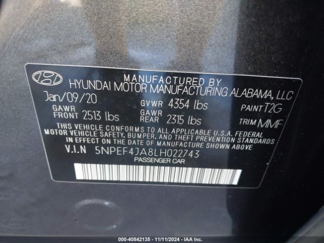 5NPEF4JA8LH022743 Hyundai SONATA SEL