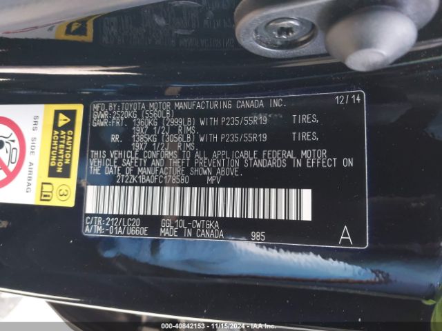 2T2ZK1BA0FC178580 Lexus RX 350