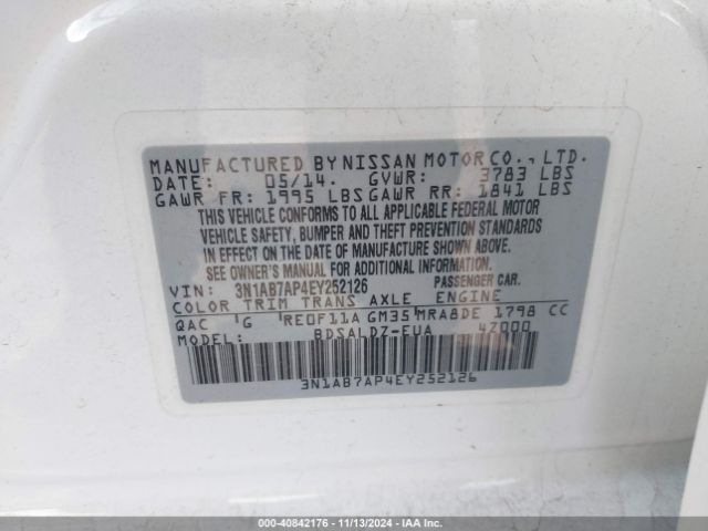 3N1AB7AP4EY252126 Nissan Sentra Fe+ S/fe+ Sv/s/sl/sr/sv