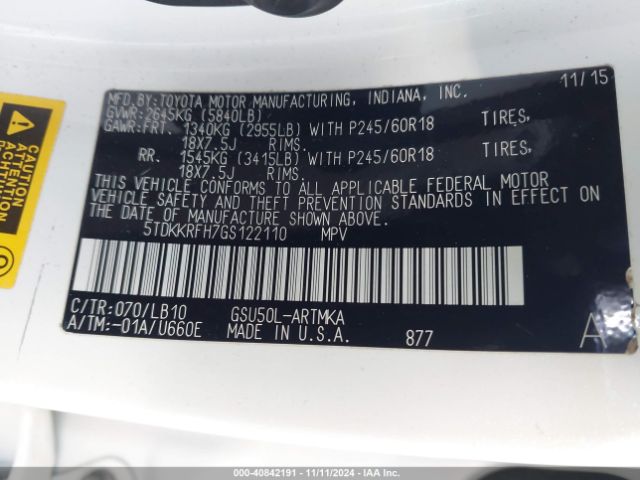 5TDKKRFH7GS122110 Toyota Highlander Xle V6