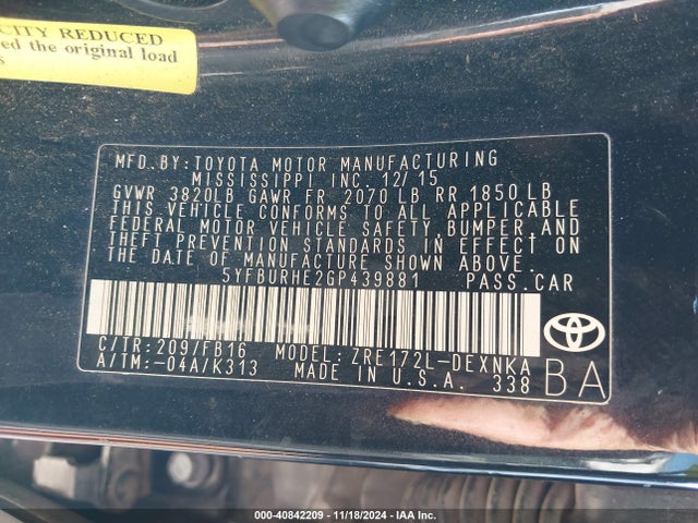Toyota COROLLA LE 2016 5YFBURHE2GP439881 Image 9