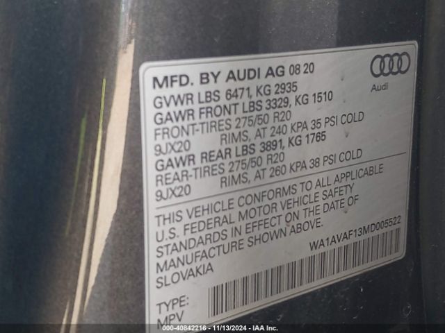 WA1AVAF13MD005522 Audi Q8 Premium 55 Tfsi Quattro Tiptronic