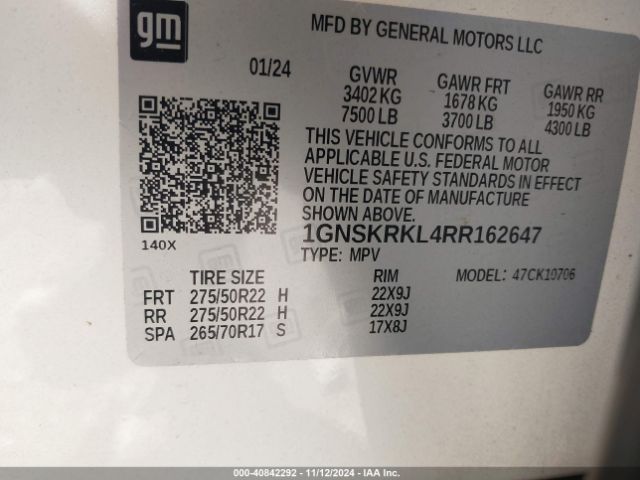 1GNSKRKL4RR162647 Chevrolet Tahoe 4wd Rst