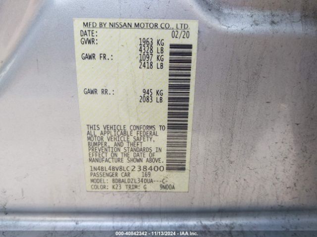 1N4BL4BV8LC238400 Nissan Altima S Fwd