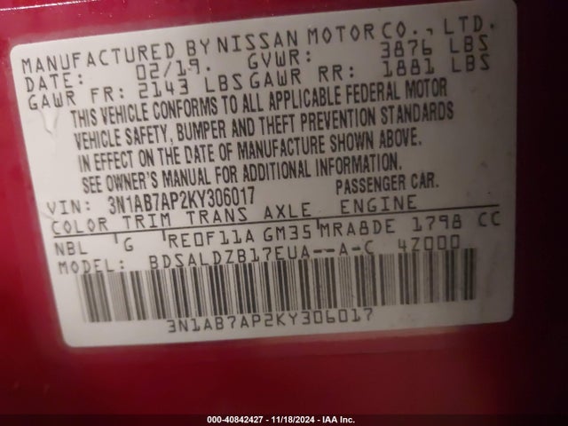 Nissan SENTRA SV 2019 3N1AB7AP2KY306017 Image 9