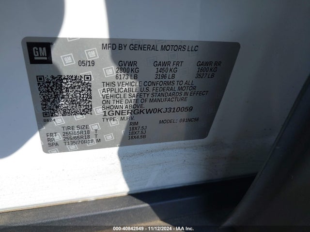 Chevrolet Traverse Lt 2019 1GNERGKW0KJ310059 Image 9