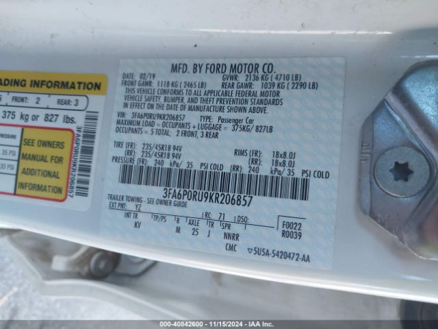 3FA6P0RU9KR206857 Ford Fusion Hybrid Titanium