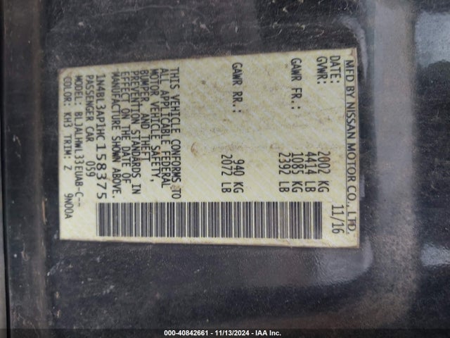 1N4BL3AP1HC158375 Nissan Altima 3.5 Sr