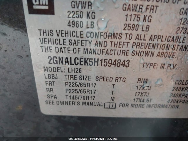 Chevrolet EQUINOX LT 2017 2GNALCEK5H1594843 Image 9
