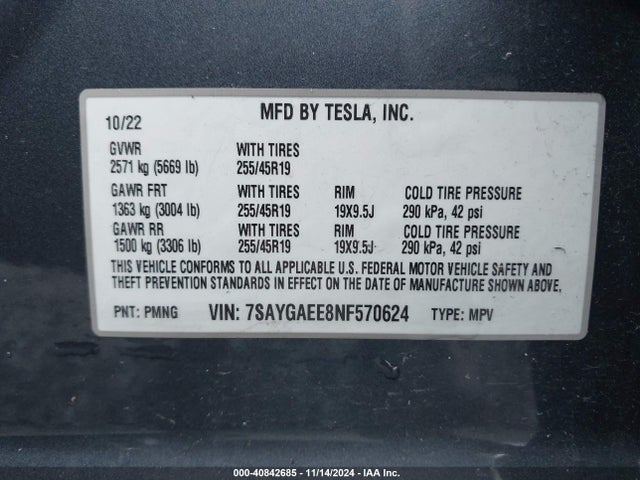 2022 TESLA MODEL Y 7SAYGAEE8NF570624 Photo 8