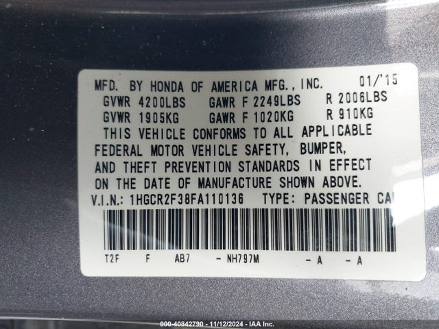 Honda ACCORD LX 2015 1HGCR2F38FA110136 Image 9