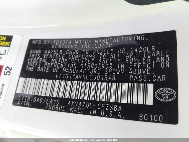 Toyota CAMRY SE 2020 4T1G11AK6LU501548 Image 9
