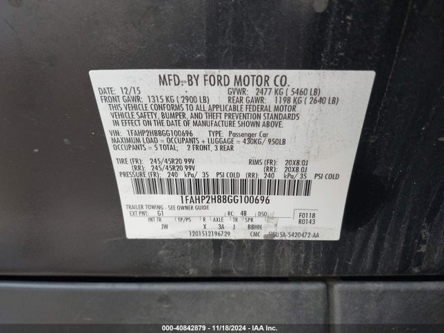 1FAHP2H88GG100696 Ford TAURUS SEL