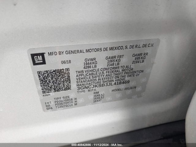 3GNCJKSB3JL418469 Chevrolet TRAX LS