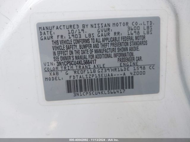 3N1CP5CU4KL566417 Nissan KICKS SV