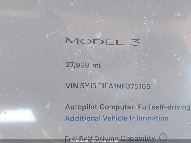 5YJ3E1EA1NF375166 Tesla Model 3 Rear-wheel Drive