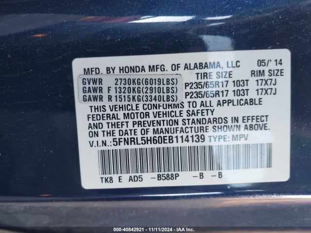 Honda Odyssey Ex-l 2014 5FNRL5H60EB114139 Image 9