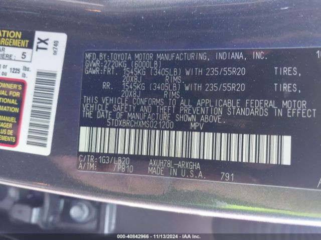 5TDXBRCHXMS021200 Toyota Highlander Hybrid Limited