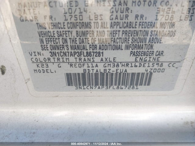 Nissan Versa 1.6 Sv 2015 3N1CN7AP3FL867281 Image 9