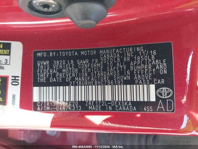 Toyota COROLLA SE 2017 2T1BURHE8HC796192 Image 9