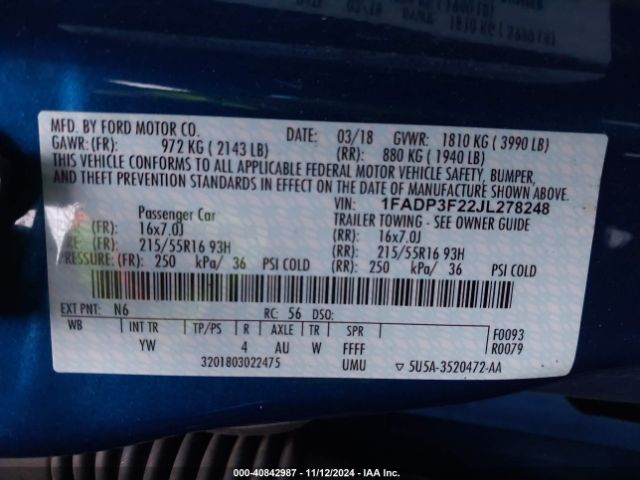 1FADP3F22JL278248 Ford FOCUS SE