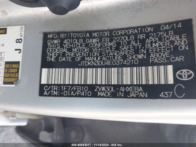 JTDKN3DU4E0374210 Toyota Prius Two