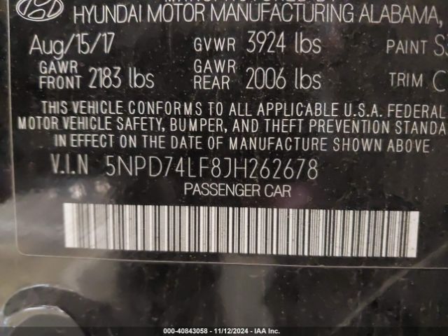 5NPD74LF8JH262678 Hyundai ELANTRA SE
