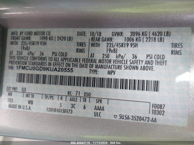 Ford ESCAPE SE 2019 1FMCU0GD9KUA20555 Image 9