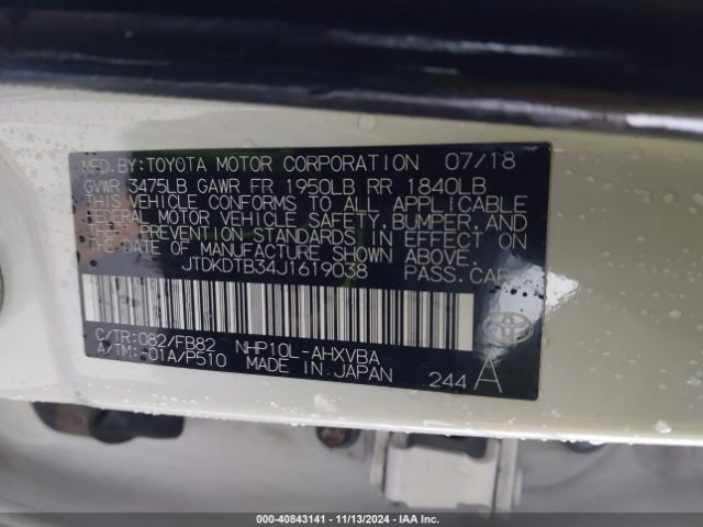JTDKDTB34J1619038 Toyota Prius C Two