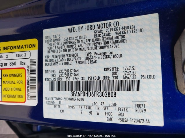 Ford FUSION SE 2015 3FA6P0HD6FR302808 Image 9