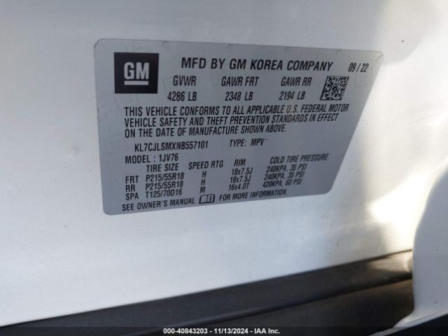 KL7CJLSMXNB557101 Chevrolet Trax Fwd Lt