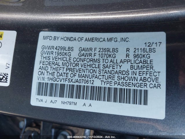 Honda Accord Ex-l 2018 1HGCV1F5XJA070612 Image 9