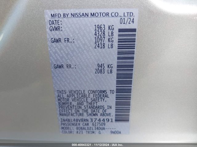 1N4BL4BV8RN374491 Nissan Altima S Fwd