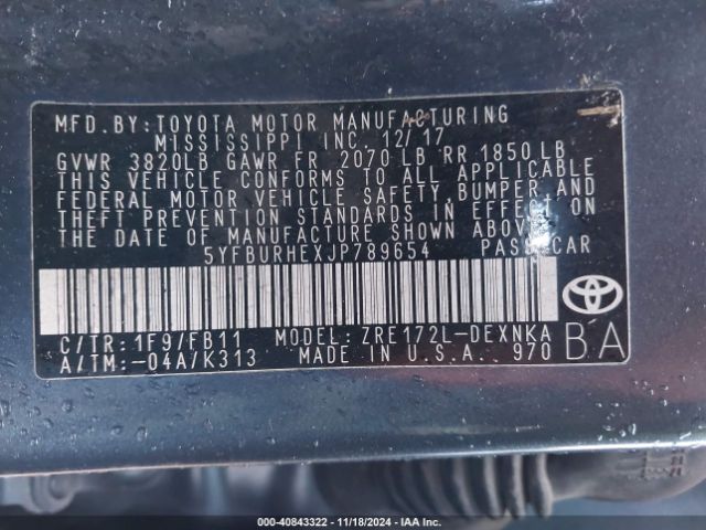5YFBURHEXJP789654 Toyota COROLLA LE